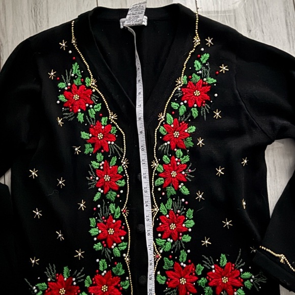 BP Designs Christmas Poinsettia Black Beaded Cardigan Sweater Size M - Picture 6 of 11